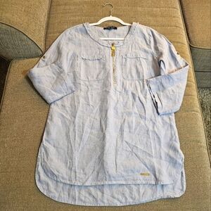 Ellen Tracy Linen Light Blue Casual Career Office Tunic w/ Gold Accents Small